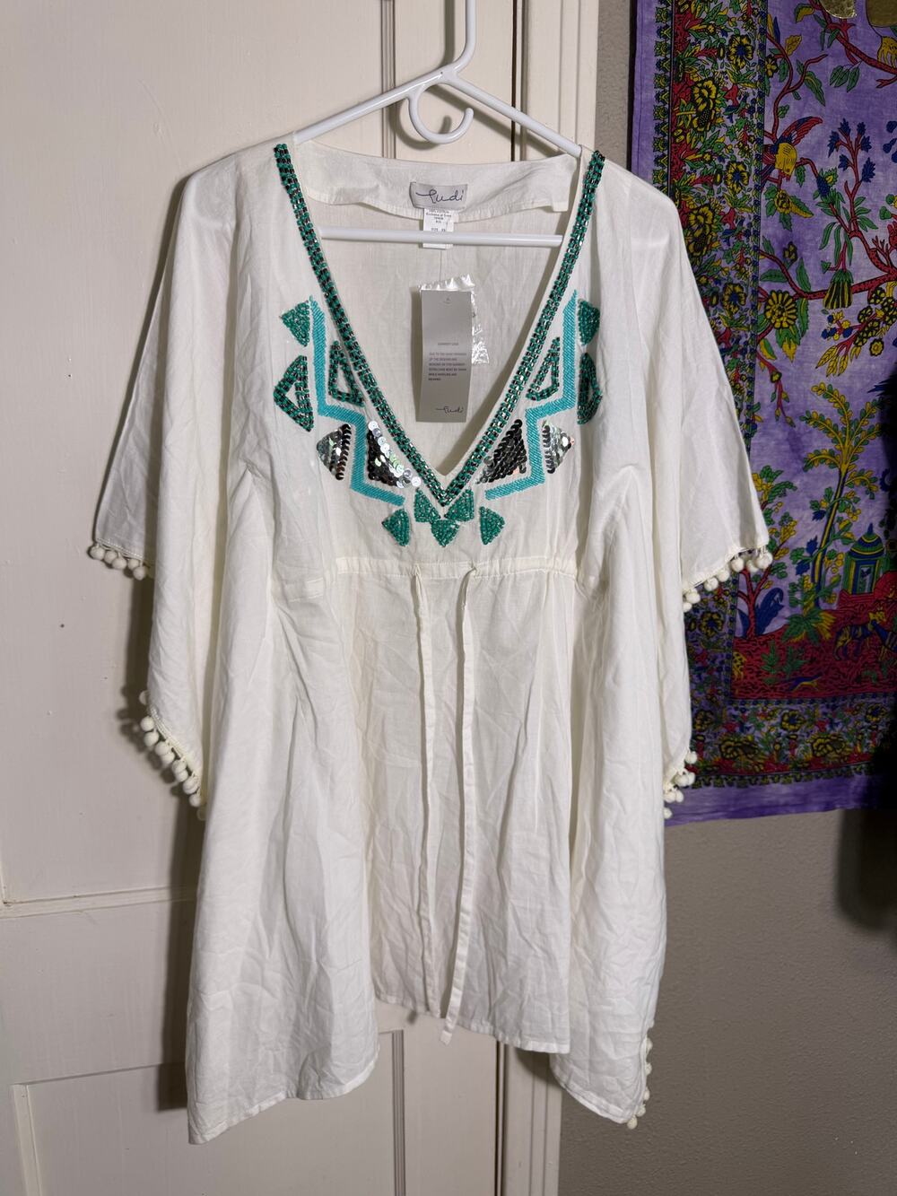 Ludi White Cotton Kaftan Tunic XS Turquoise Beaded Sequin Pom Pom Boho NWT
